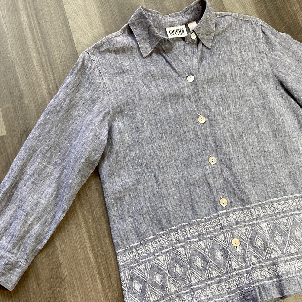 Vintage 90s Chico's Design Linen Embroidered Boxy Button Up Shirt BOHO sz 0 S/4